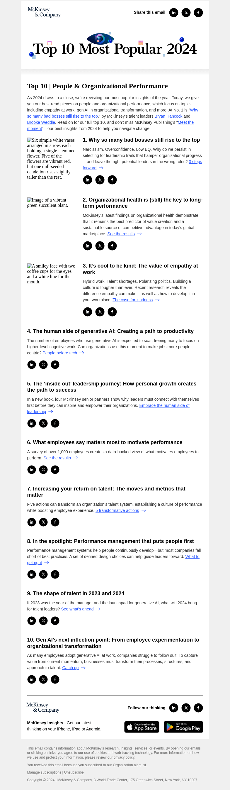 Письмо компании «McKinsey & Company» на тему «People & Organizational Performance: The year’s most popular articles»