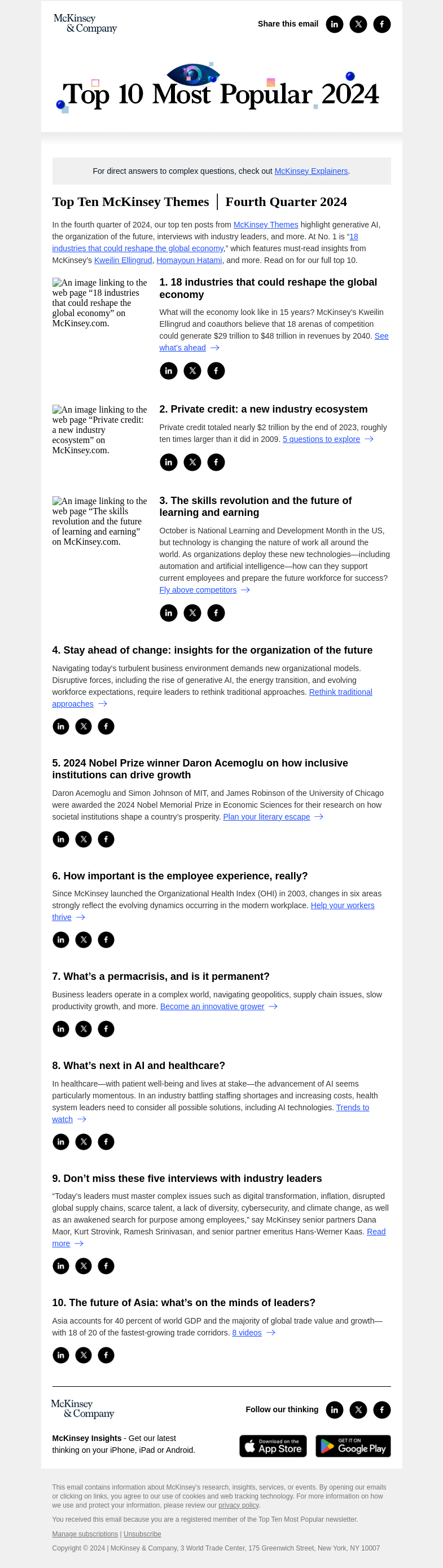Письмо компании «McKinsey & Company» на тему «The quarter’s top themes»