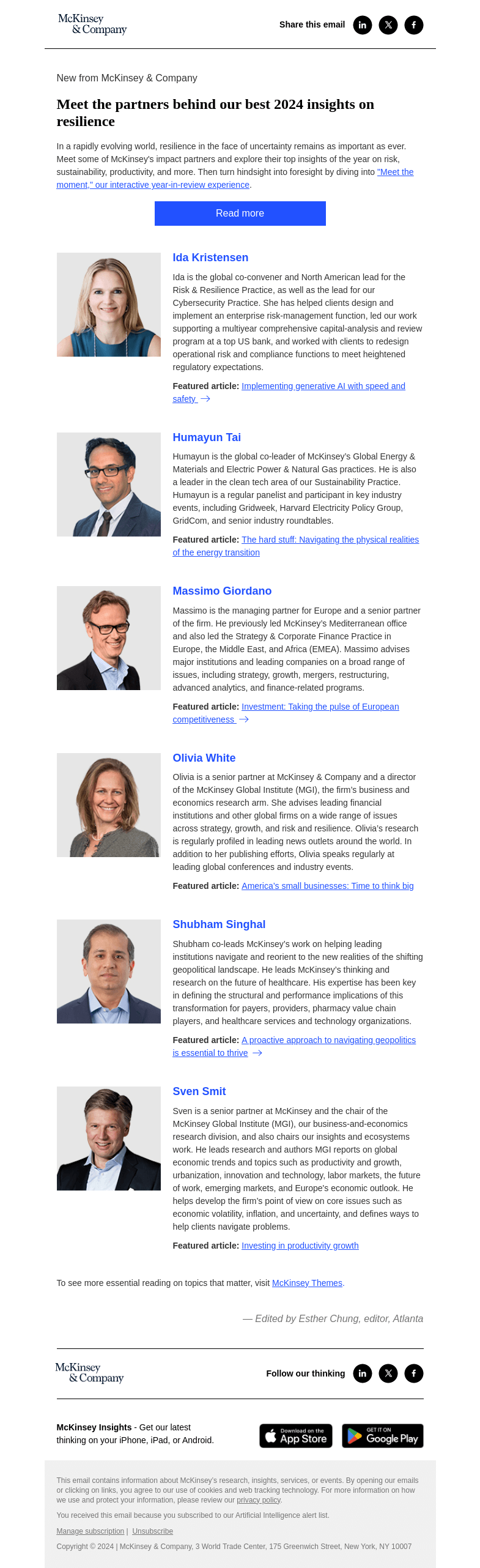 Письмо компании «McKinsey & Company» на тему «Meet the partners behind our best 2024 insights on resilience»