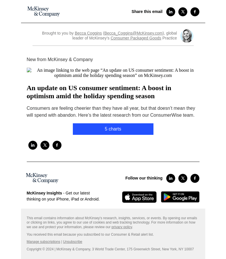 Письмо компании «McKinsey & Company» на тему «An update on US consumer sentiment: A boost in optimism amid the
 holiday spending season»