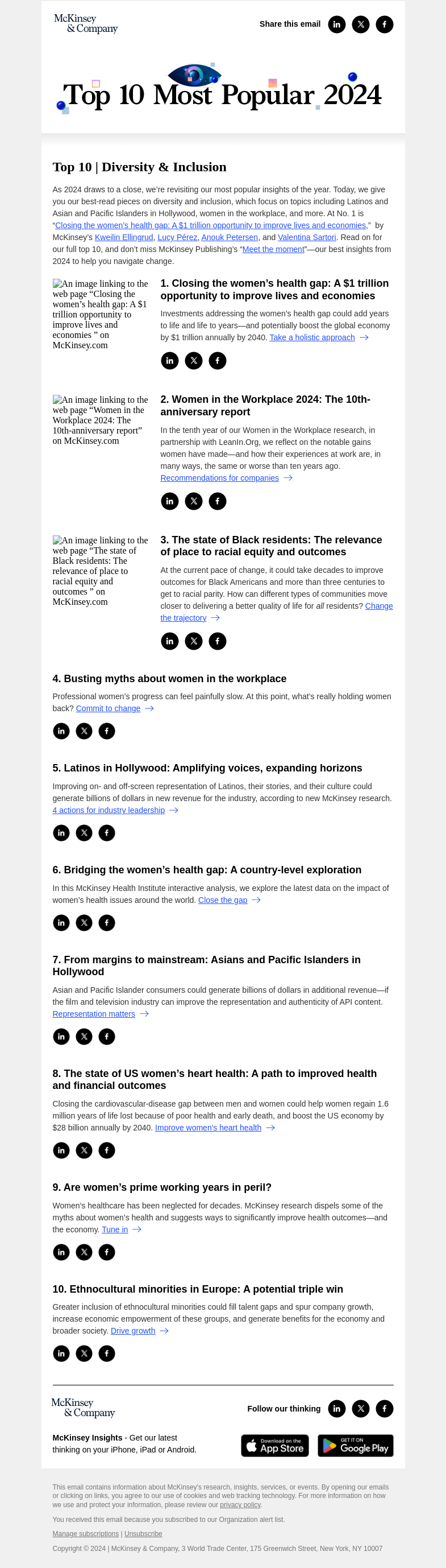Письмо компании «McKinsey & Company» на тему «Diversity & Inclusion: The year’s most popular articles»