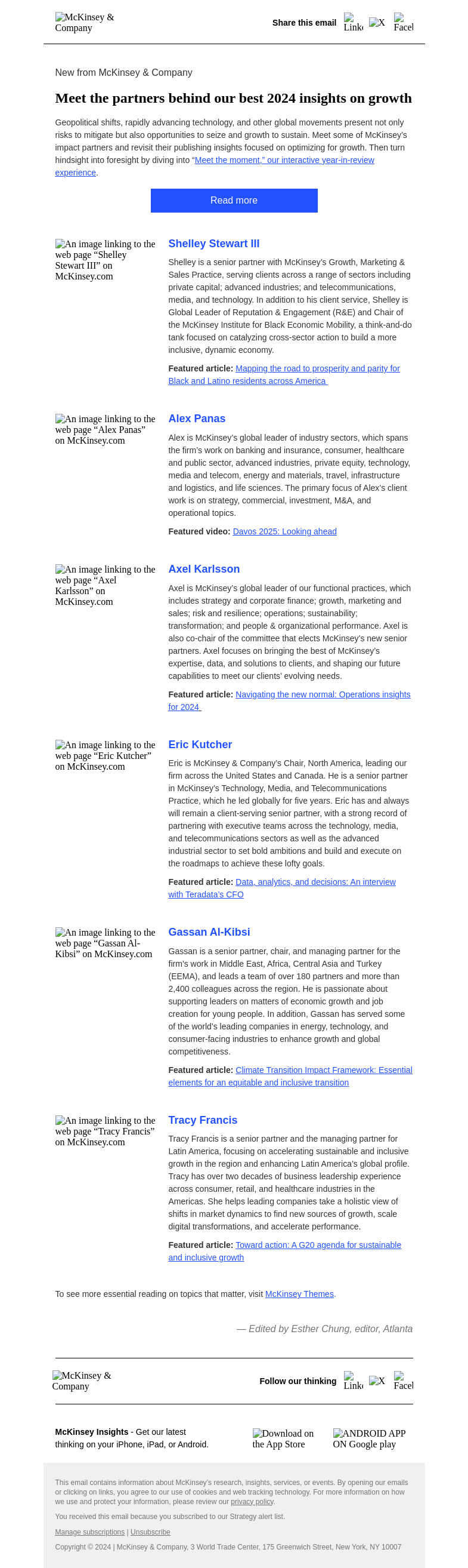 Письмо компании «McKinsey & Company» на тему «Meet the partners behind our best 2024 insights on growth»