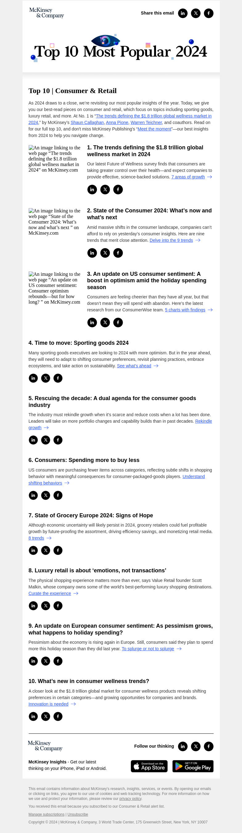Письмо компании «McKinsey & Company» на тему «Consumer & Retail: The year’s most popular articles»