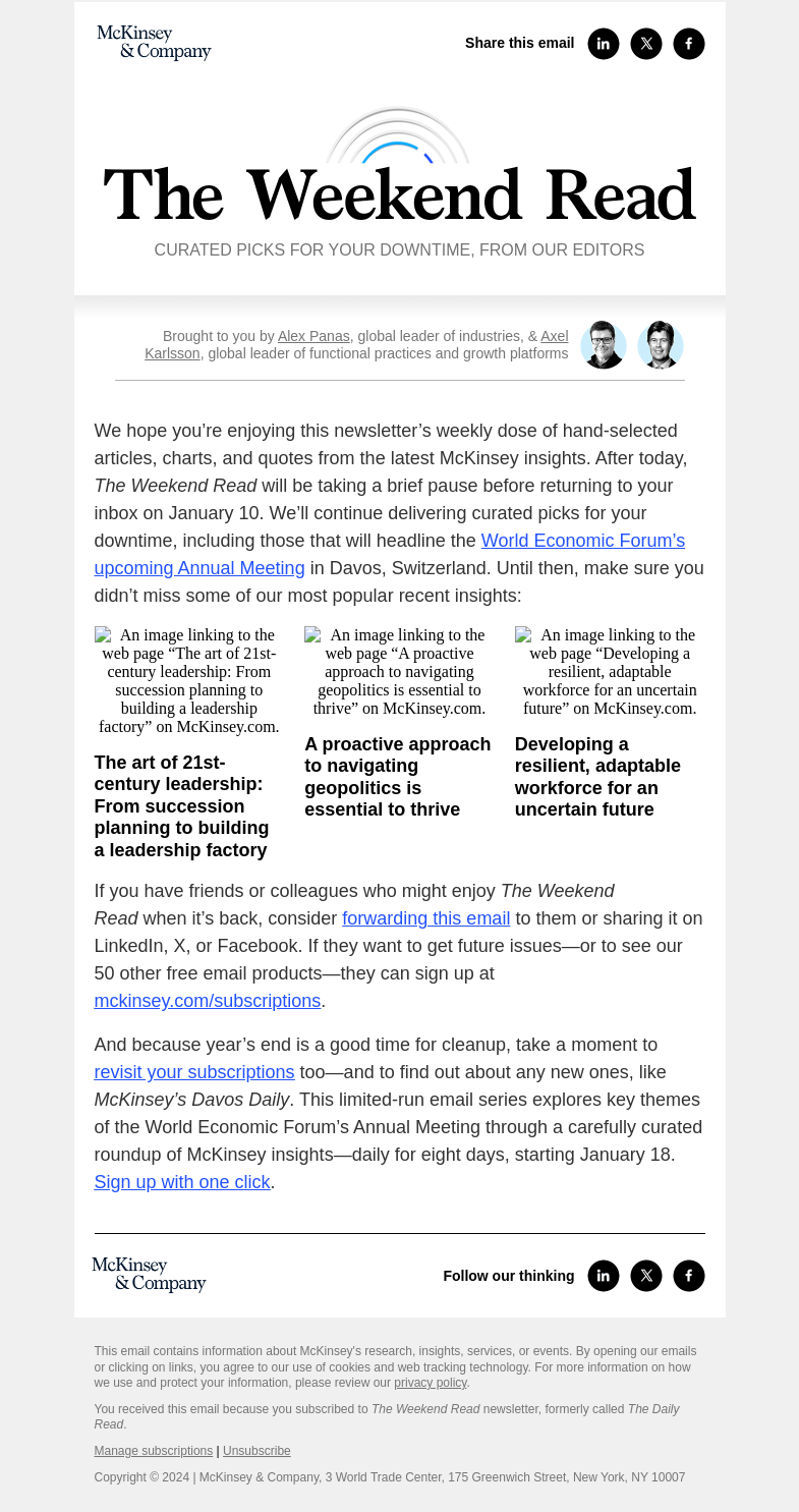 Письмо компании «McKinsey & Company» на тему «Read some of our most popular recent insights»