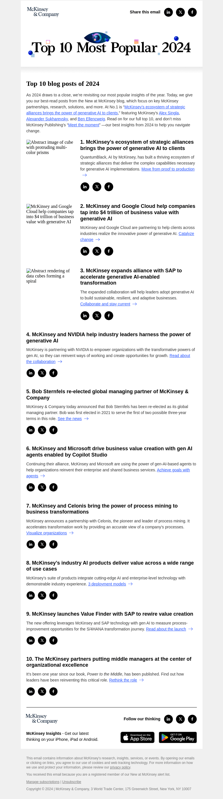 Письмо компании «McKinsey & Company» на тему «Top 10 blog posts of 2024»