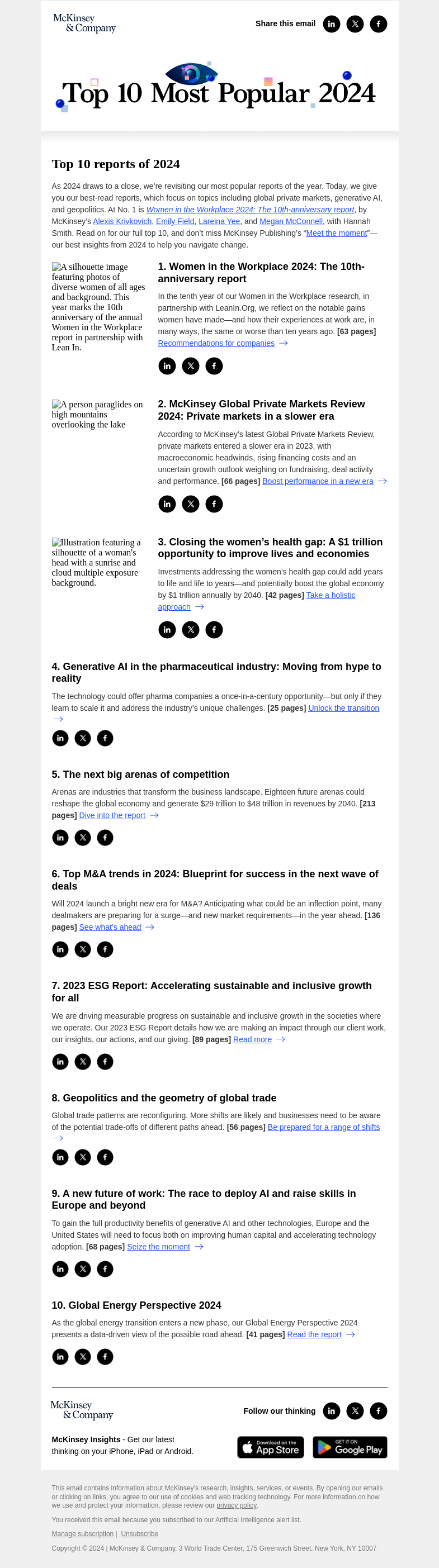 Письмо компании «McKinsey & Company» на тему «Top 10 reports of 2024»
