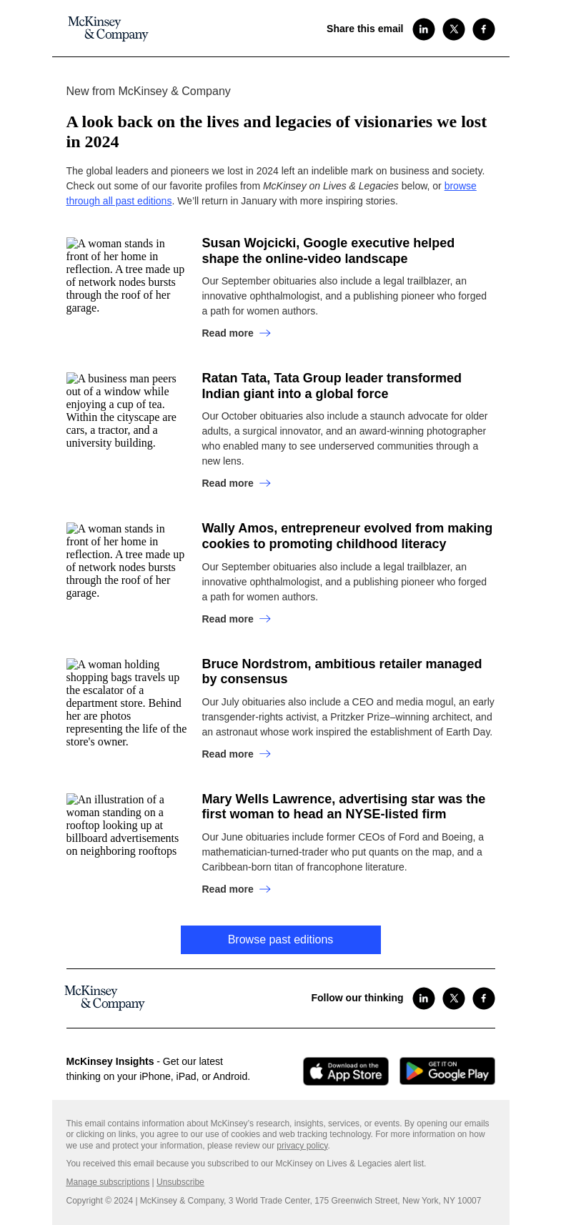 Письмо компании «McKinsey & Company» на тему «A look back on the lives and legacies of visionaries we lost in
 2024»