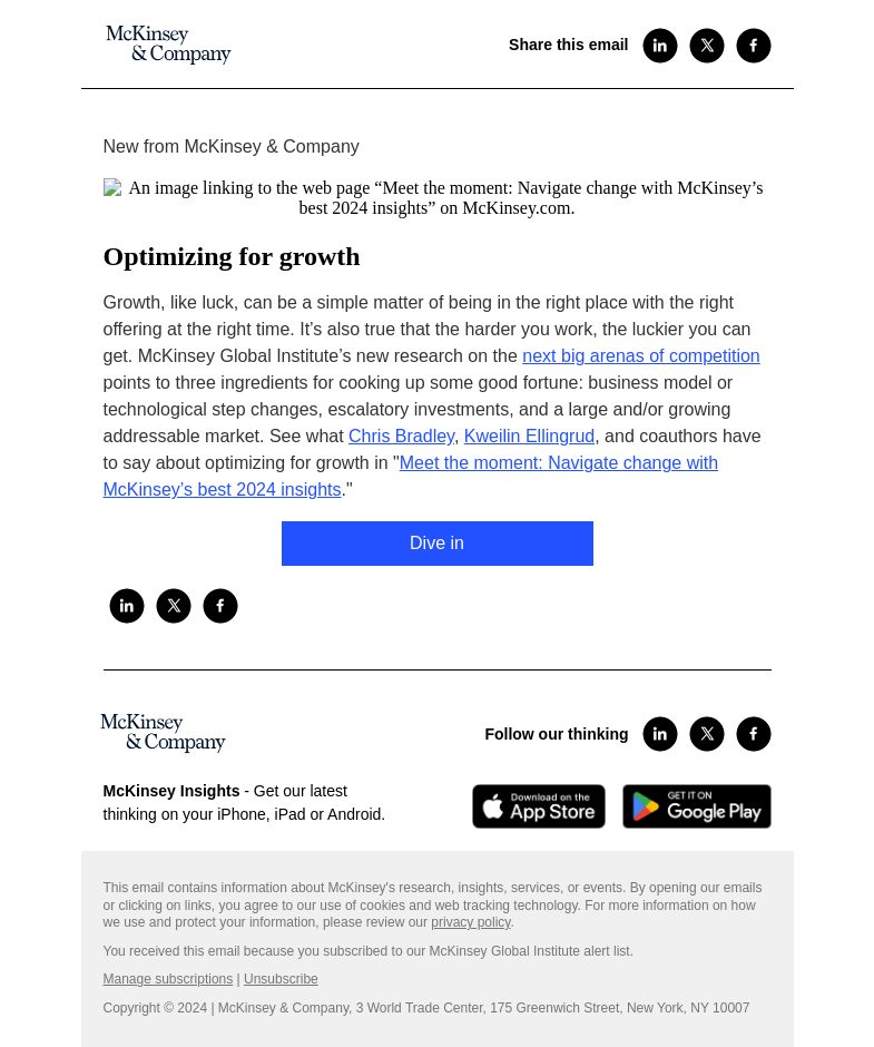 Письмо компании «McKinsey & Company» на тему «Optimizing for growth»