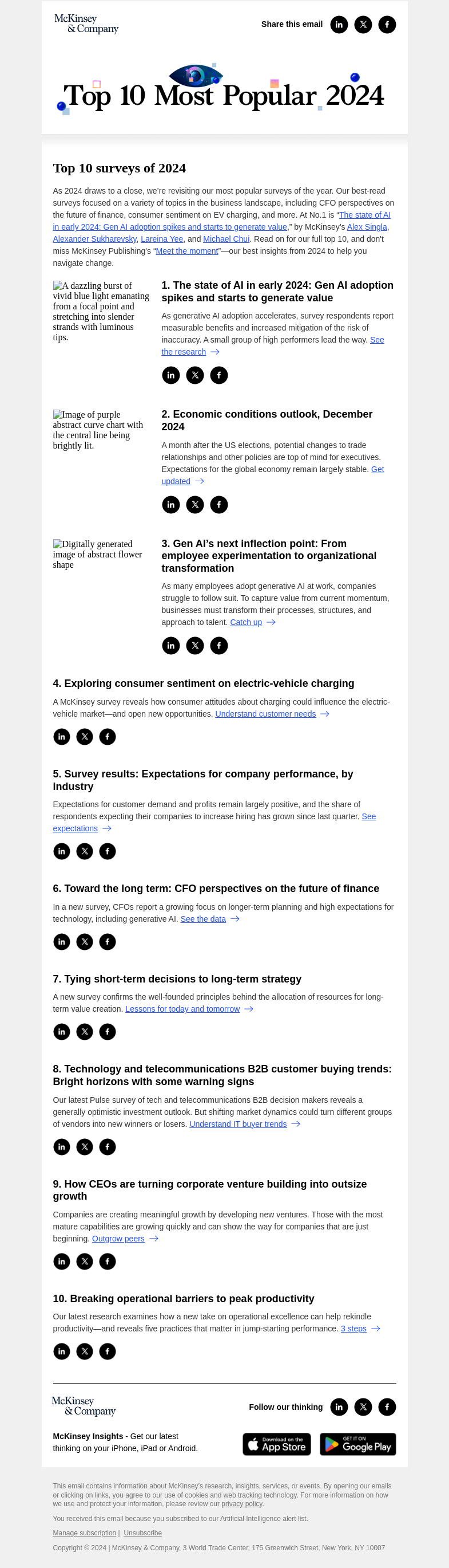 Письмо компании «McKinsey & Company» на тему «Top 10 surveys of 2024»