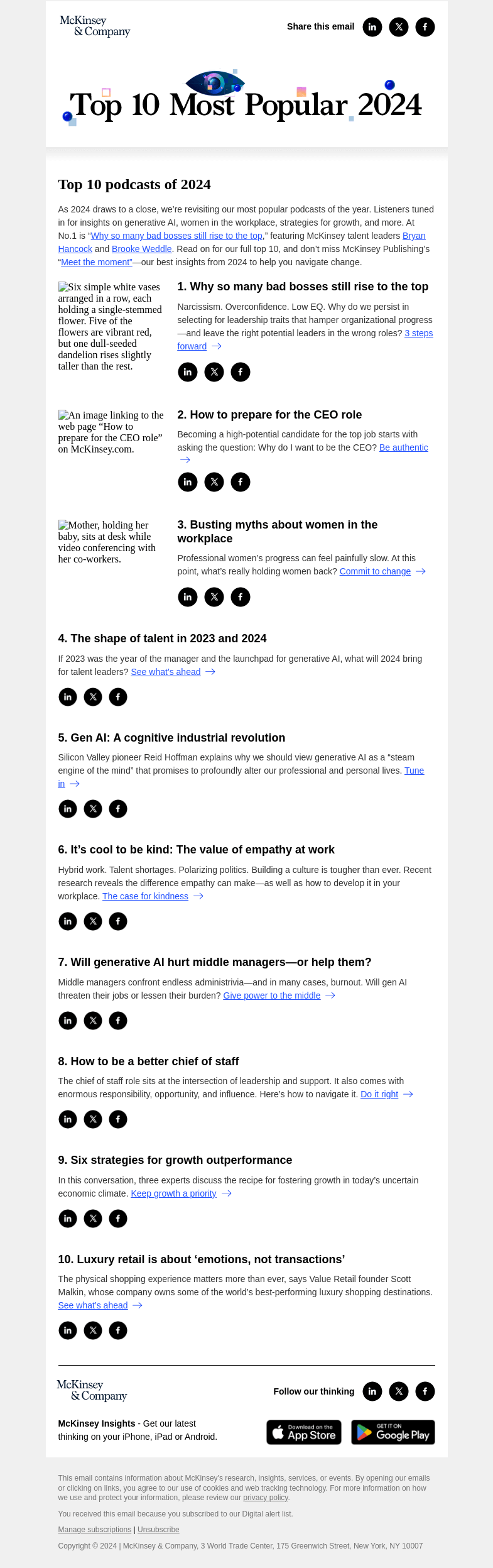 Письмо компании «McKinsey & Company» на тему «Top 10 podcasts of 2024»