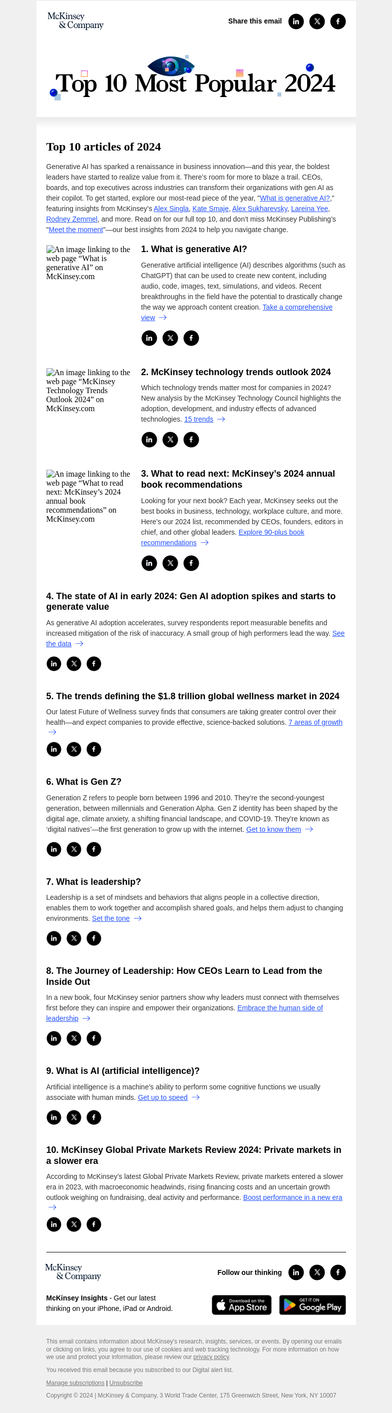 Письмо компании «McKinsey & Company» на тему «Top 10 articles of 2024: Gen AI and more»
