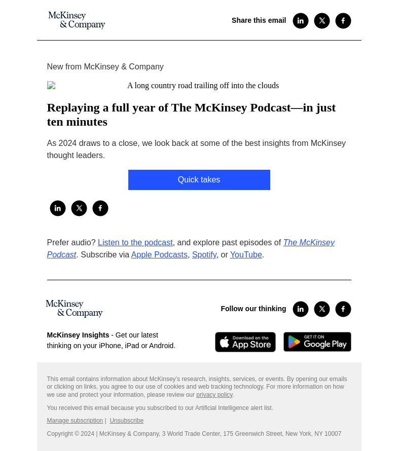 Письмо компании «McKinsey & Company» на тему «Replaying a full year of The McKinsey Podcast—in just ten minutes»