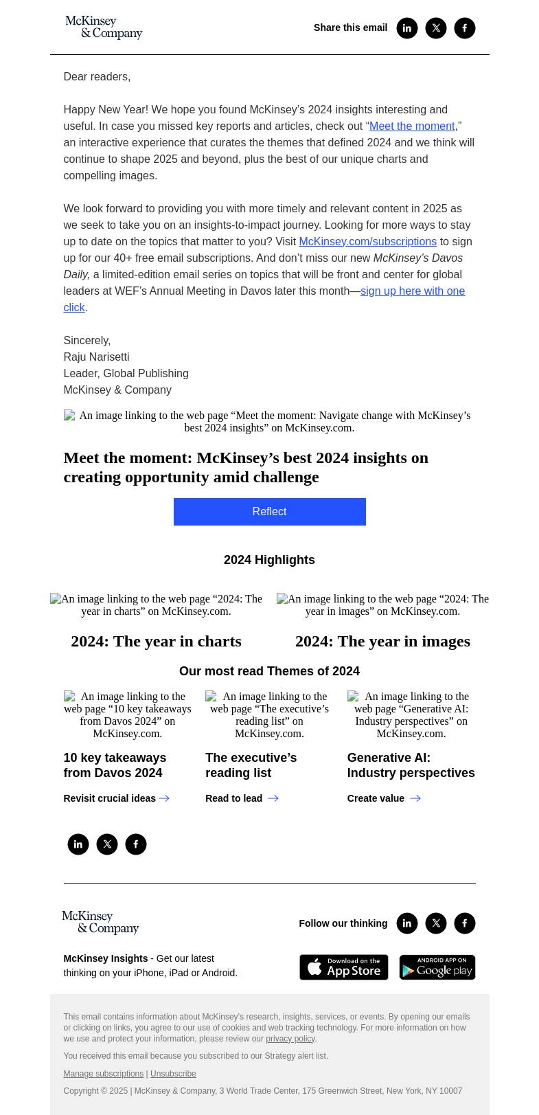 Письмо компании «McKinsey & Company» на тему «In case you missed it, check out our 2024 year in review»