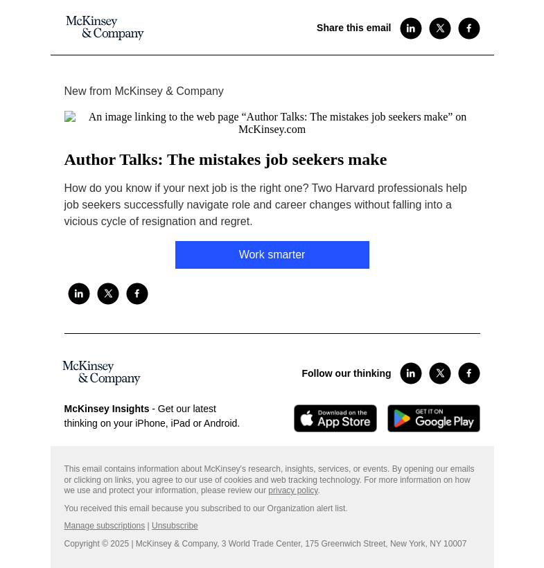 Письмо компании «McKinsey & Company» на тему «Author Talks: The mistakes job seekers make»