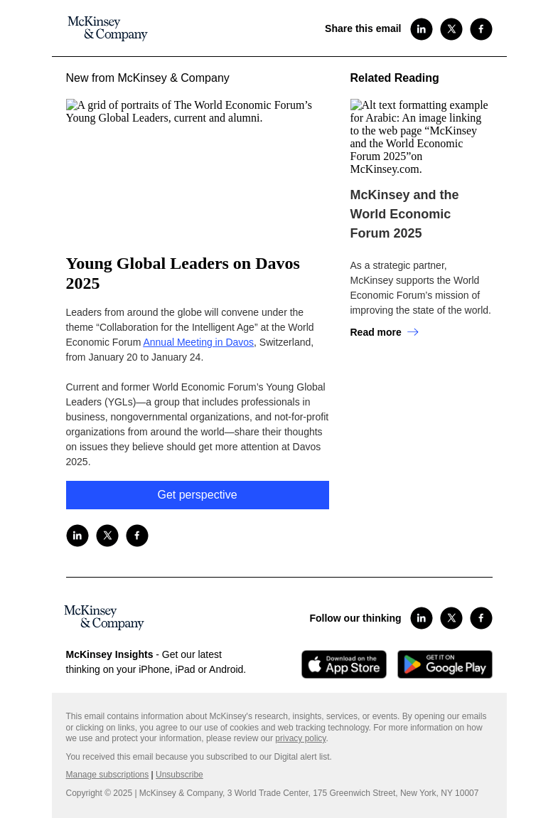 Письмо компании «McKinsey & Company» на тему «Young Global Leaders on Davos 2025»