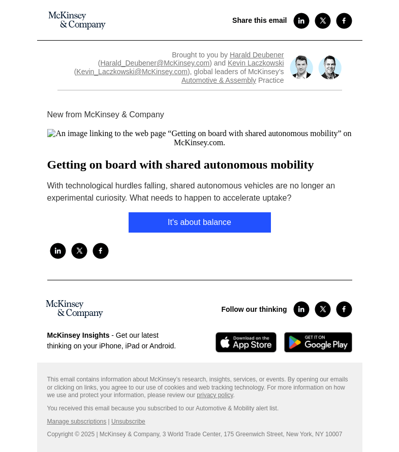 Письмо компании «McKinsey & Company» на тему «Getting on board with shared autonomous mobility»