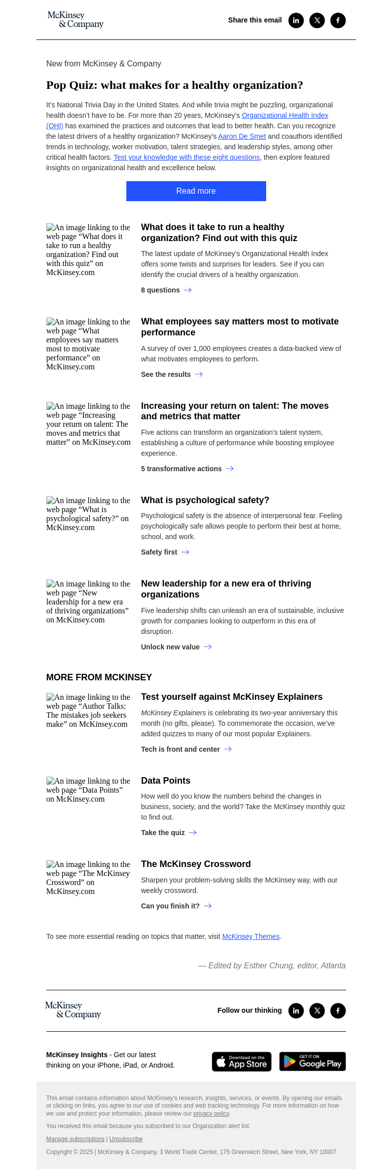 Письмо компании «McKinsey & Company» на тему «Test your knowledge on organizational health»