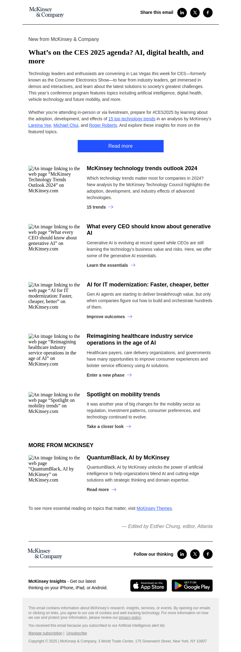 Письмо компании «McKinsey & Company» на тему «What’s on the CES 2025 agenda? AI, digital health, and more»