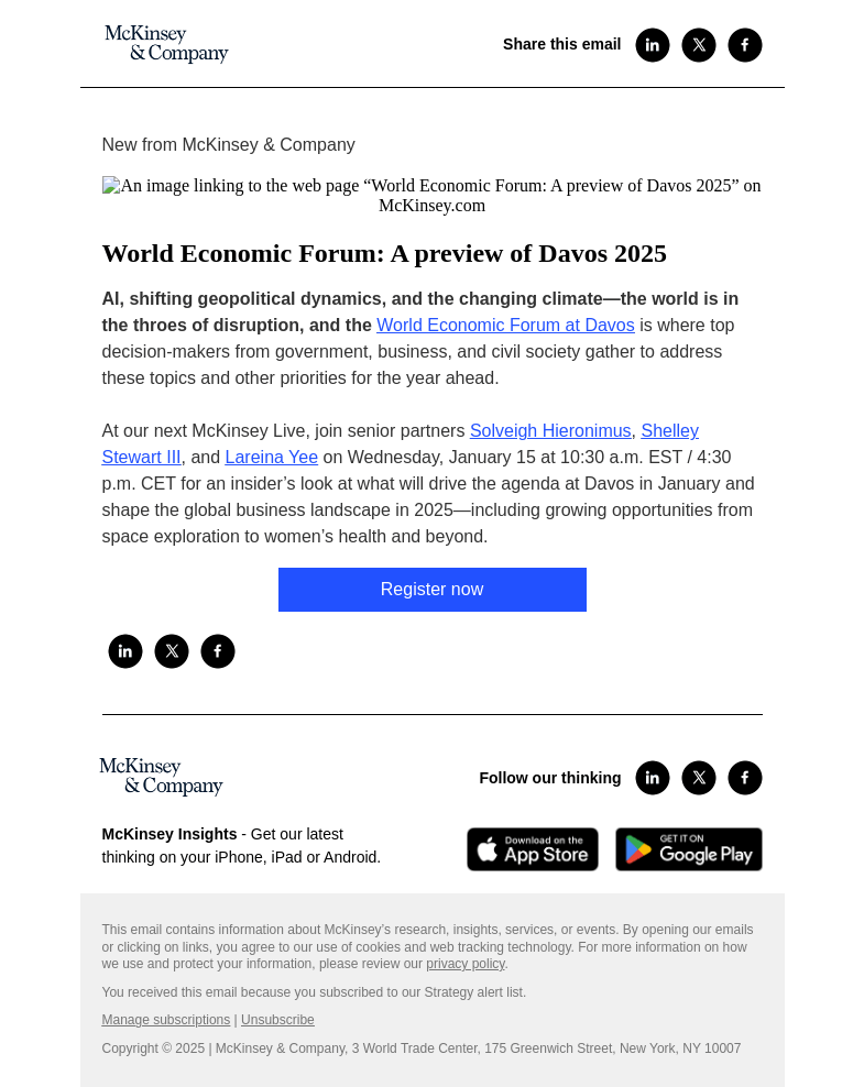 Письмо компании «McKinsey & Company» на тему «Reminder: Join us for a McKinsey Live session for a preview of
 Davos 2025»