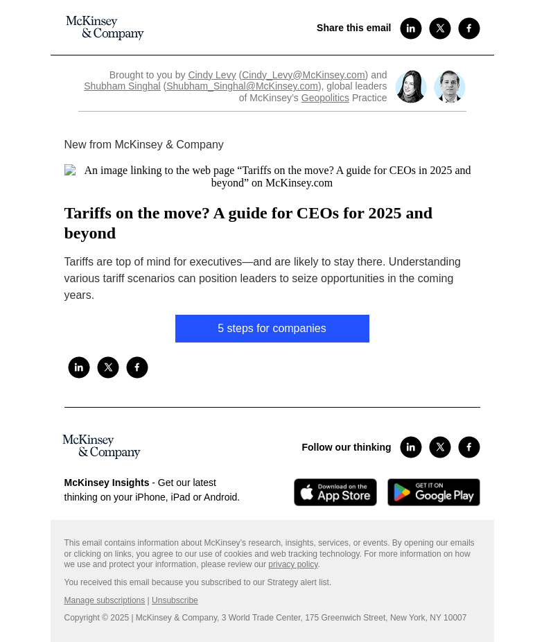 Письмо компании «McKinsey & Company» на тему «Tariffs on the move? A guide for CEOs for 2025 and beyond»