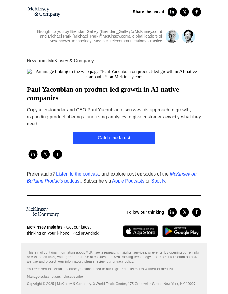Письмо компании «McKinsey & Company» на тему «Paul Yacoubian on product-led growth in AI-native companies»