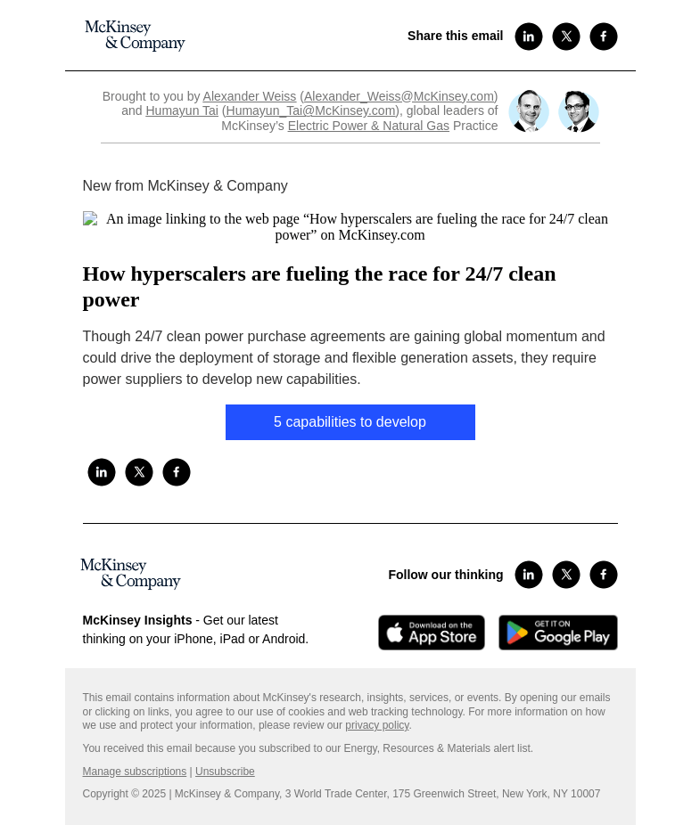 Письмо компании «McKinsey & Company» на тему «How hyperscalers are fueling the race for 24/7 clean power»