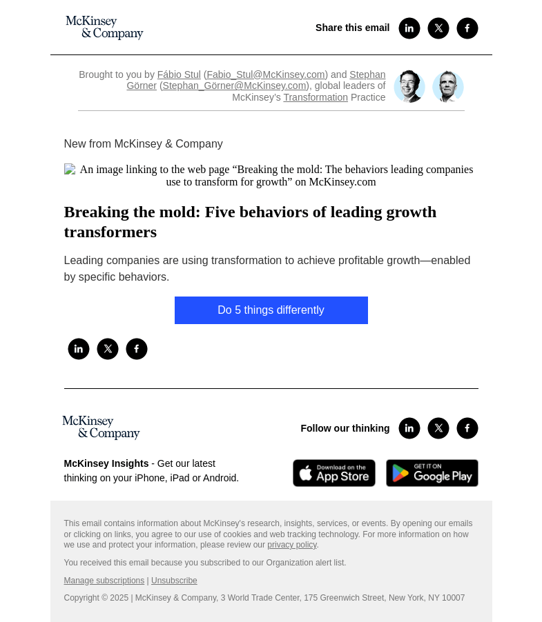 Письмо компании «McKinsey & Company» на тему «Breaking the mold: Five behaviors of leading growth transformers»