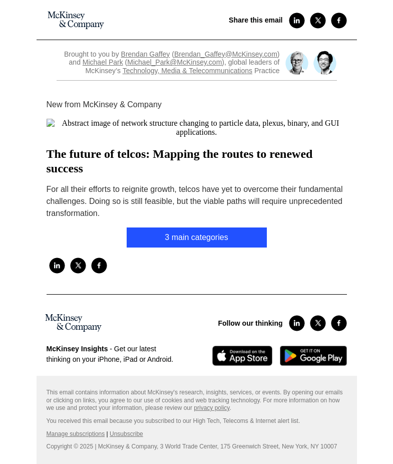 Письмо компании «McKinsey & Company» на тему «The future of telcos: Mapping the routes to renewed success»