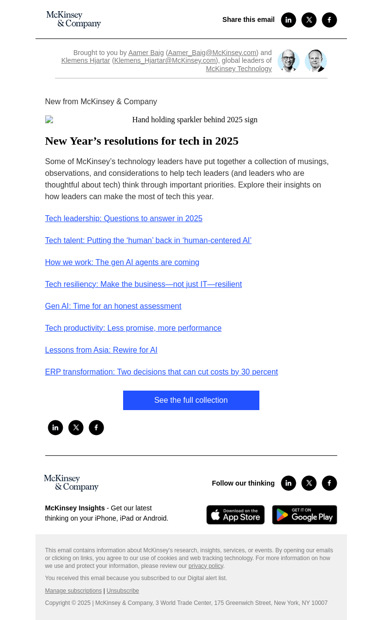 Письмо компании «McKinsey & Company» на тему «New Year’s resolutions for tech in 2025»