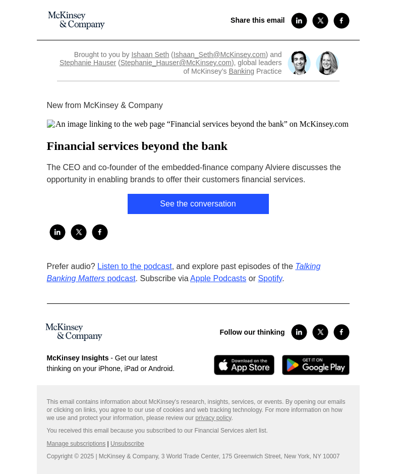 Письмо компании «McKinsey & Company» на тему «Financial services beyond the bank»