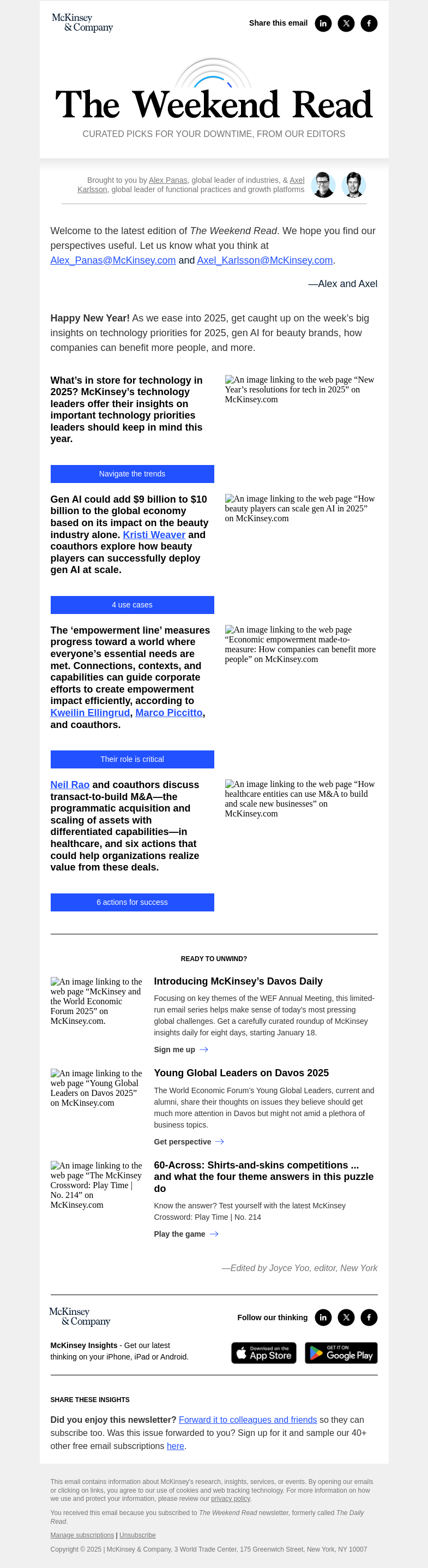 Письмо компании «McKinsey & Company» на тему «Technology priorities for 2025, gen AI for beauty brands, how
 companies can benefit more people, and more highlights for your downtime»