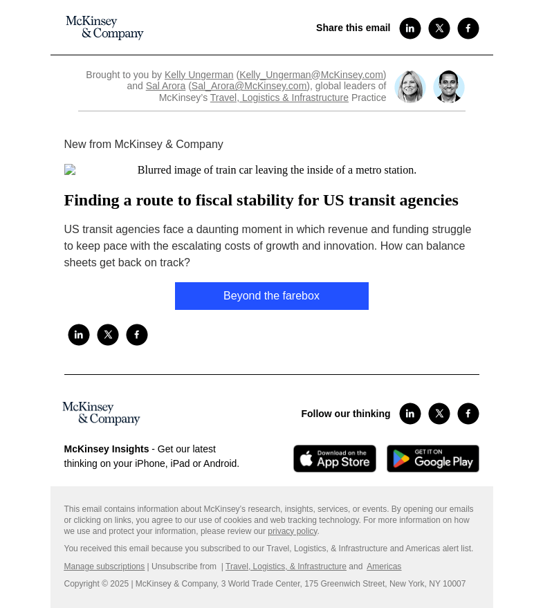 Письмо компании «McKinsey & Company» на тему «Finding a route to fiscal stability for US transit agencies»