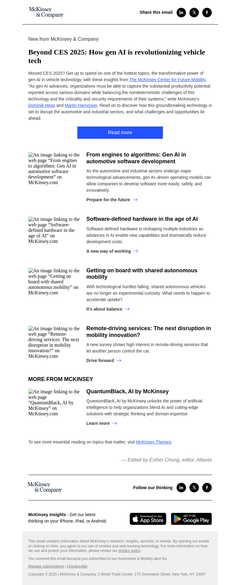 Письмо компании «McKinsey & Company» на тему «Beyond CES 2025: How gen AI is revolutionizing vehicle tech»