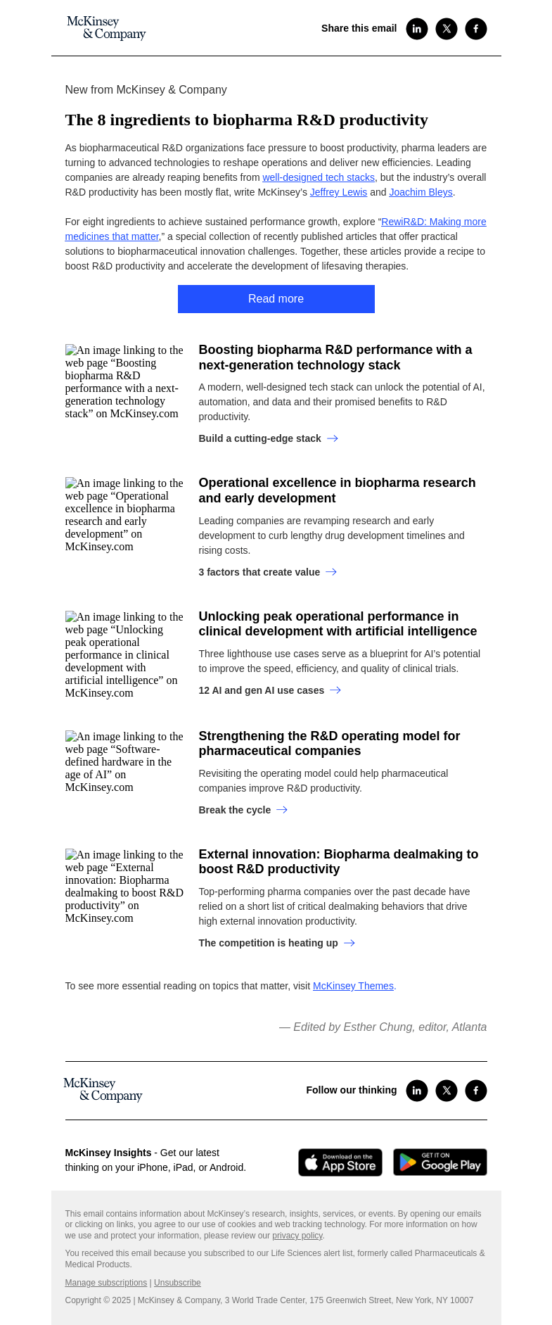 Письмо компании «McKinsey & Company» на тему «A comprehensive approach to biopharma R&D transformation»