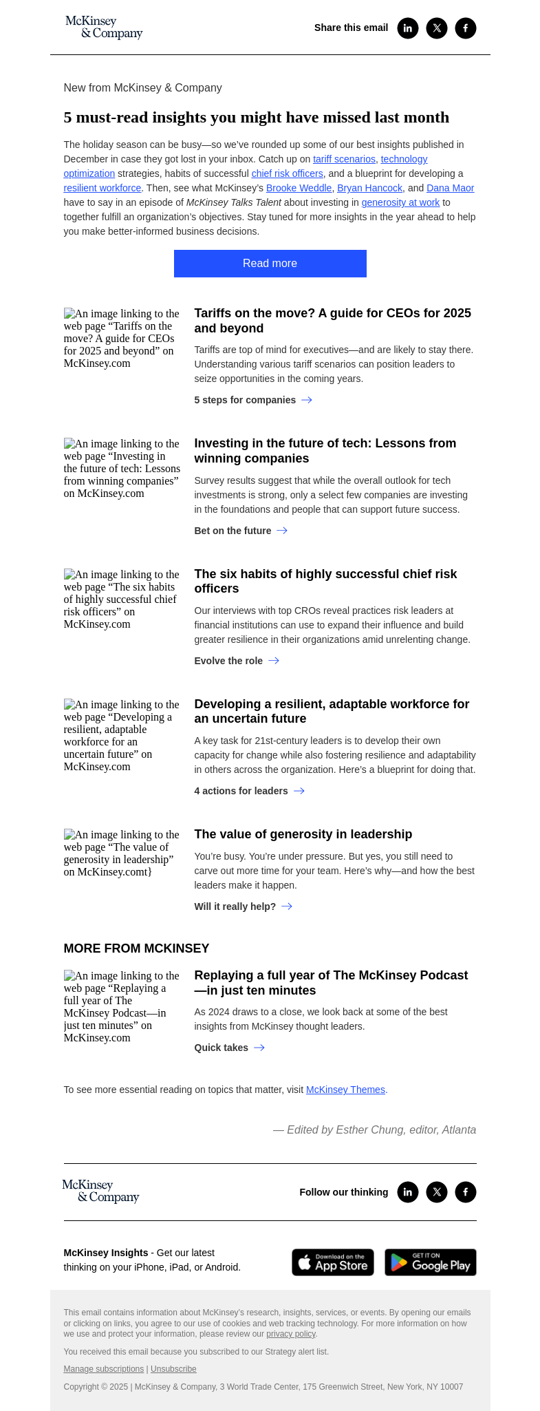 Письмо компании «McKinsey & Company» на тему «5 must-read insights you might have missed in December»