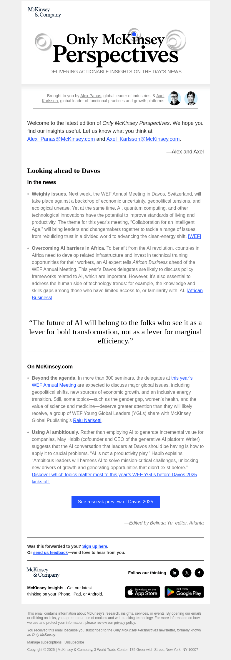 Письмо компании «McKinsey & Company» на тему «What can you expect from Davos this year?»