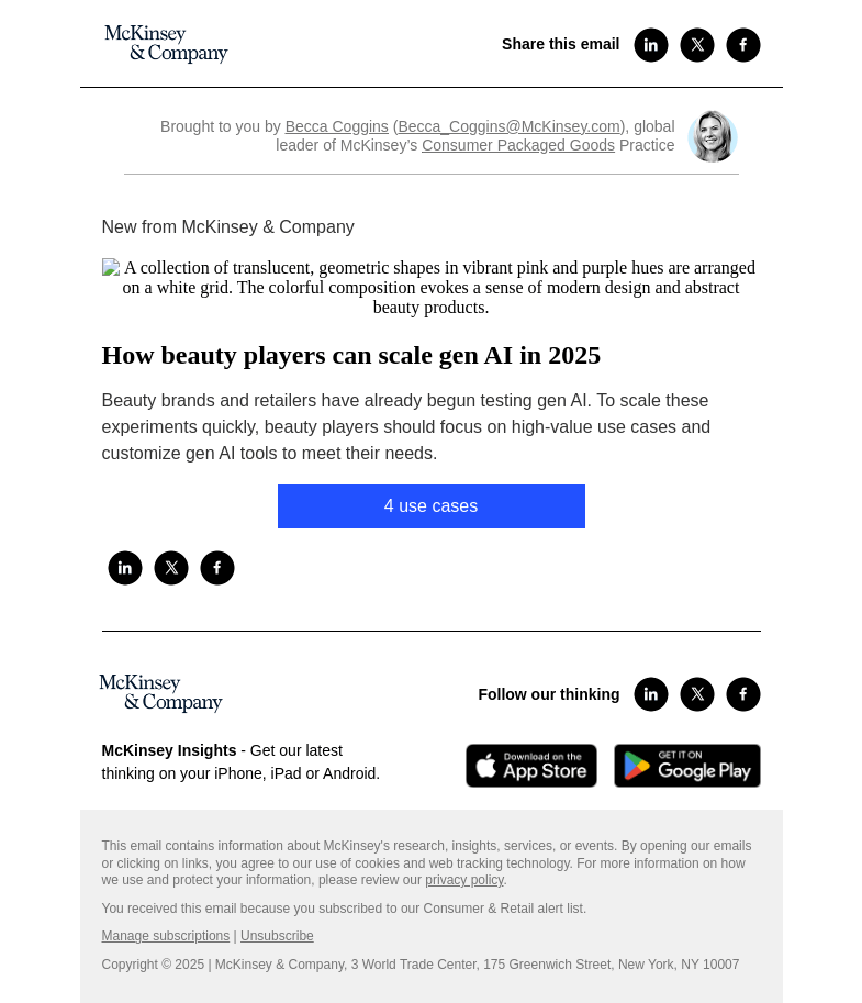 Письмо компании «McKinsey & Company» на тему «How beauty players can scale gen AI in 2025»