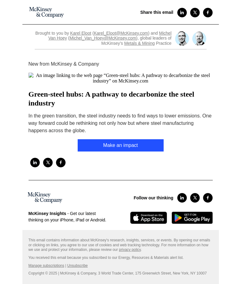 Письмо компании «McKinsey & Company» на тему «Green-steel hubs: A pathway to decarbonize the steel industry»