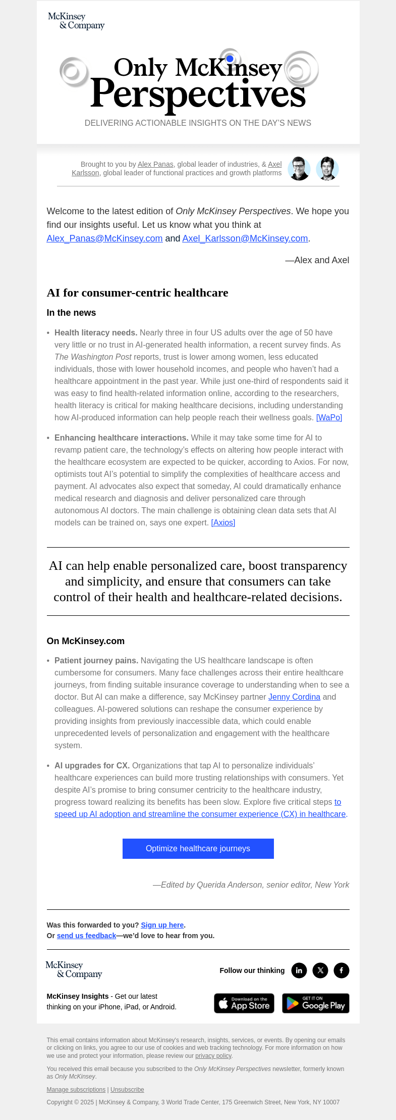 Письмо компании «McKinsey & Company» на тему «AI’s power to boost the healthcare experience»