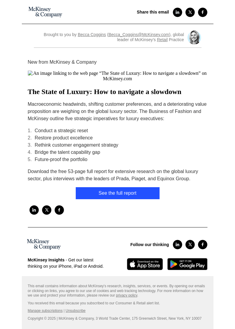 Письмо компании «McKinsey & Company» на тему «The State of Luxury: How to navigate a slowdown»
