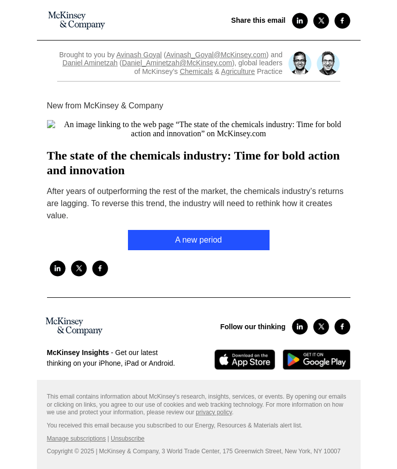 Письмо компании «McKinsey & Company» на тему «The state of the chemicals industry: Time for bold action and
 innovation»