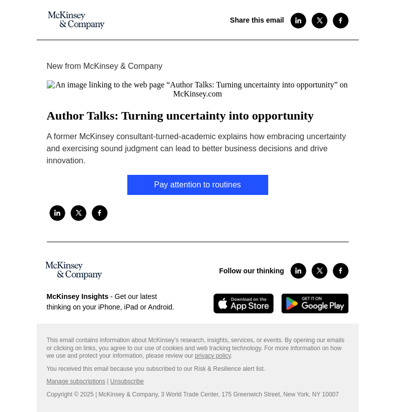 Письмо компании «McKinsey & Company» на тему «Author Talks: Turning uncertainty into opportunity»