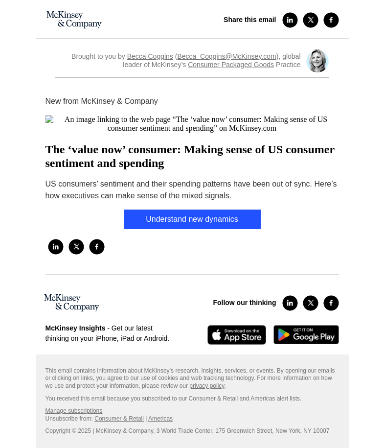 Письмо компании «McKinsey & Company» на тему «The ‘value now’ consumer: Making sense of US consumer sentiment and spending»