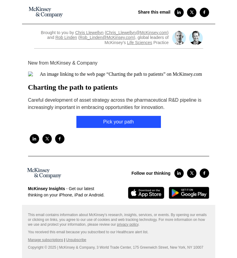 Письмо компании «McKinsey & Company» на тему «Charting the path to patients»