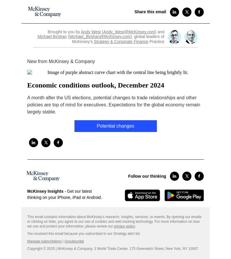 Письмо компании «McKinsey & Company» на тему «Economic conditions outlook, December 2024»