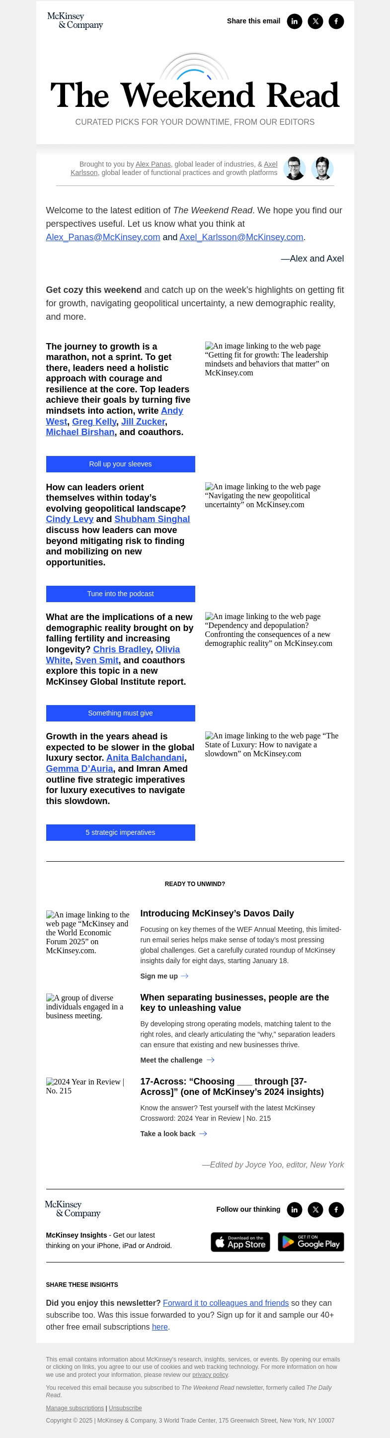 Письмо компании «McKinsey & Company» на тему «Getting fit for growth, navigating geopolitical uncertainty, a new
 demographic reality, and more insights»