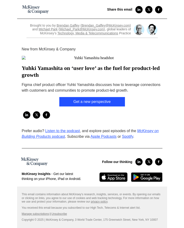 Письмо компании «McKinsey & Company» на тему «Yuhki Yamashita on ‘user love’ as the fuel for product-led growth»