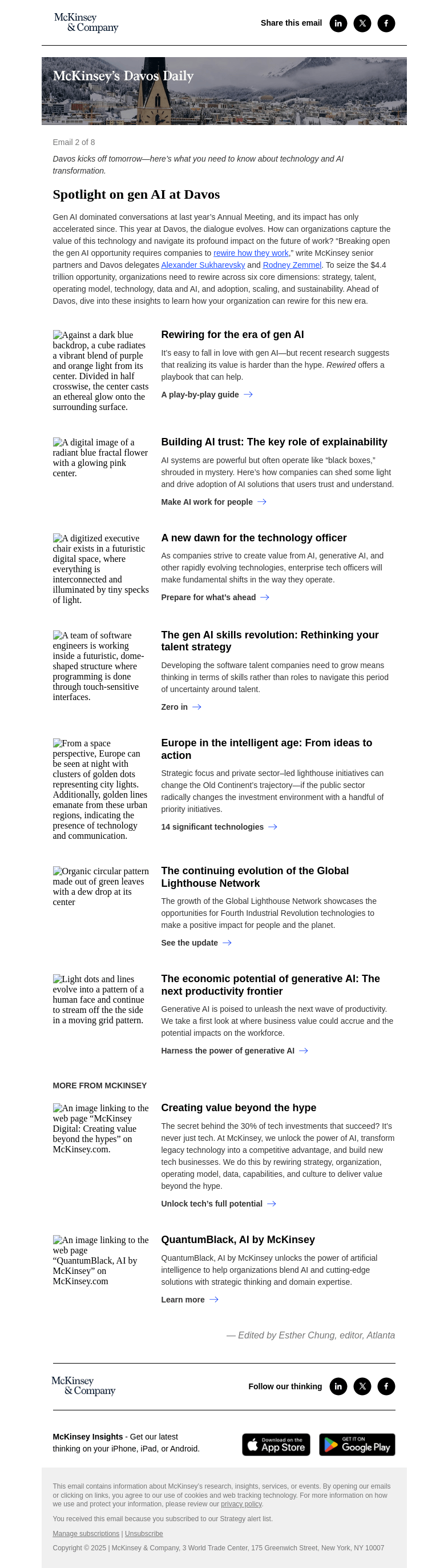 Письмо компании «McKinsey & Company» на тему «Davos 2025: How organizations can capture the value of gen AI»