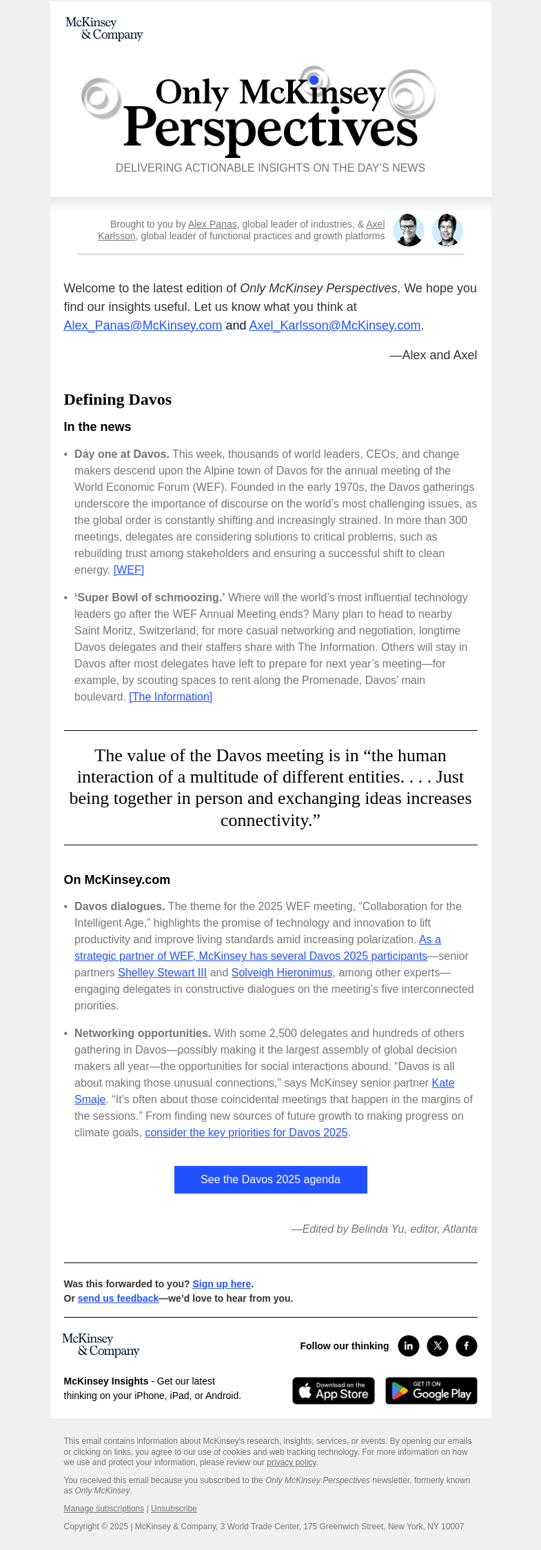 Письмо компании «McKinsey & Company» на тему «What’s on the agenda for Davos 2025?»