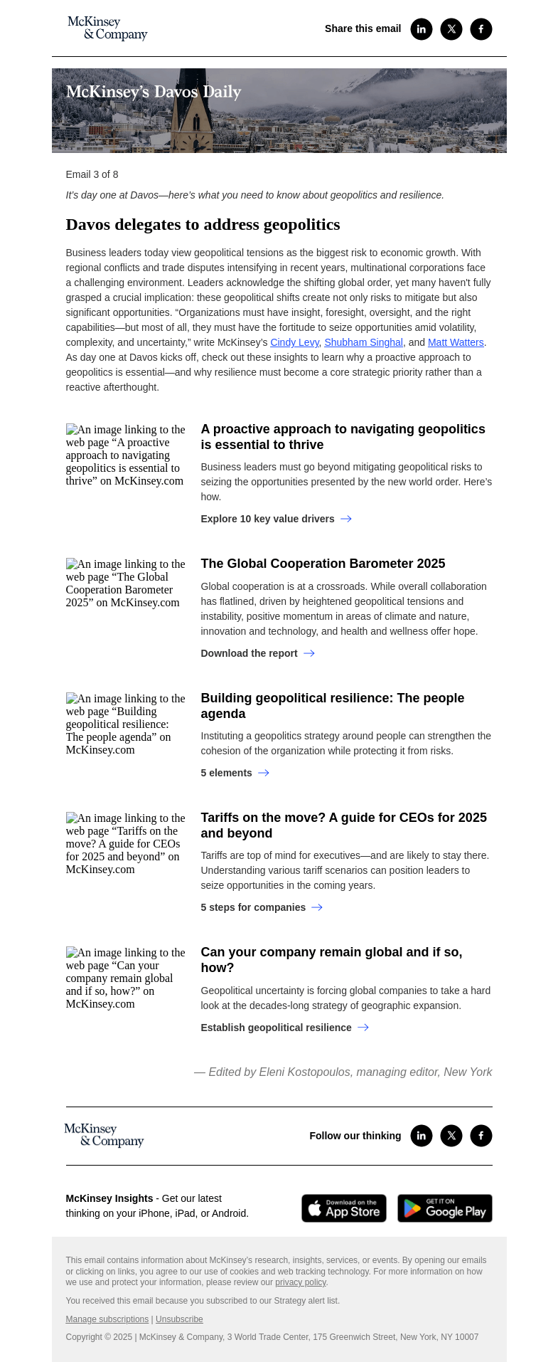 Письмо компании «McKinsey & Company» на тему «Davos 2025: Navigating a new geopolitical world order»
